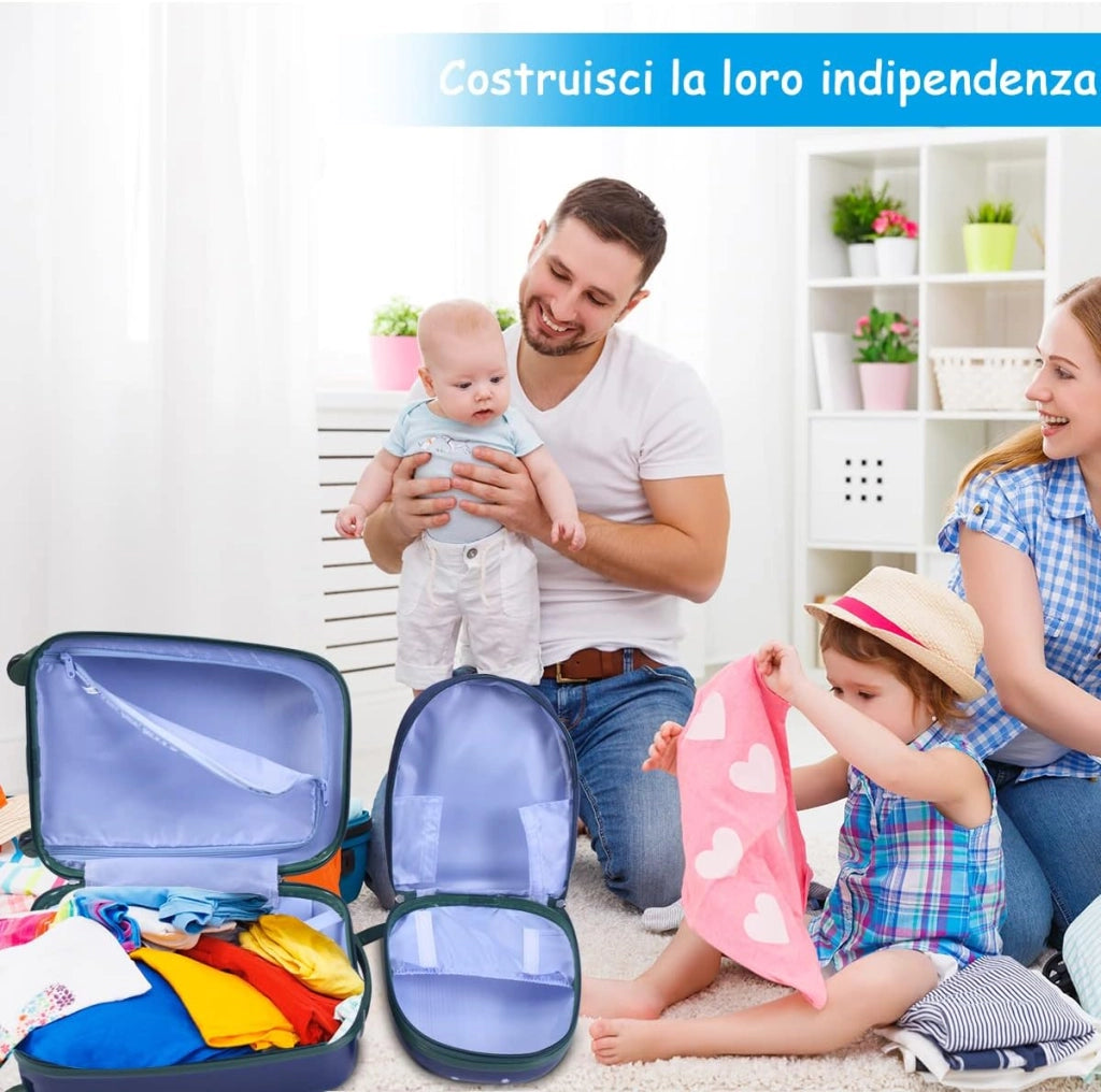 Set di Valigia per Bambini, 16" Valigia+ 12" Zaino, 2 Pezzi, con Ruote Girevoli a 360° e Maniglia Retrattile, Ideale per Viaggiare in Modo Comodo e Divertente (Modello 1)