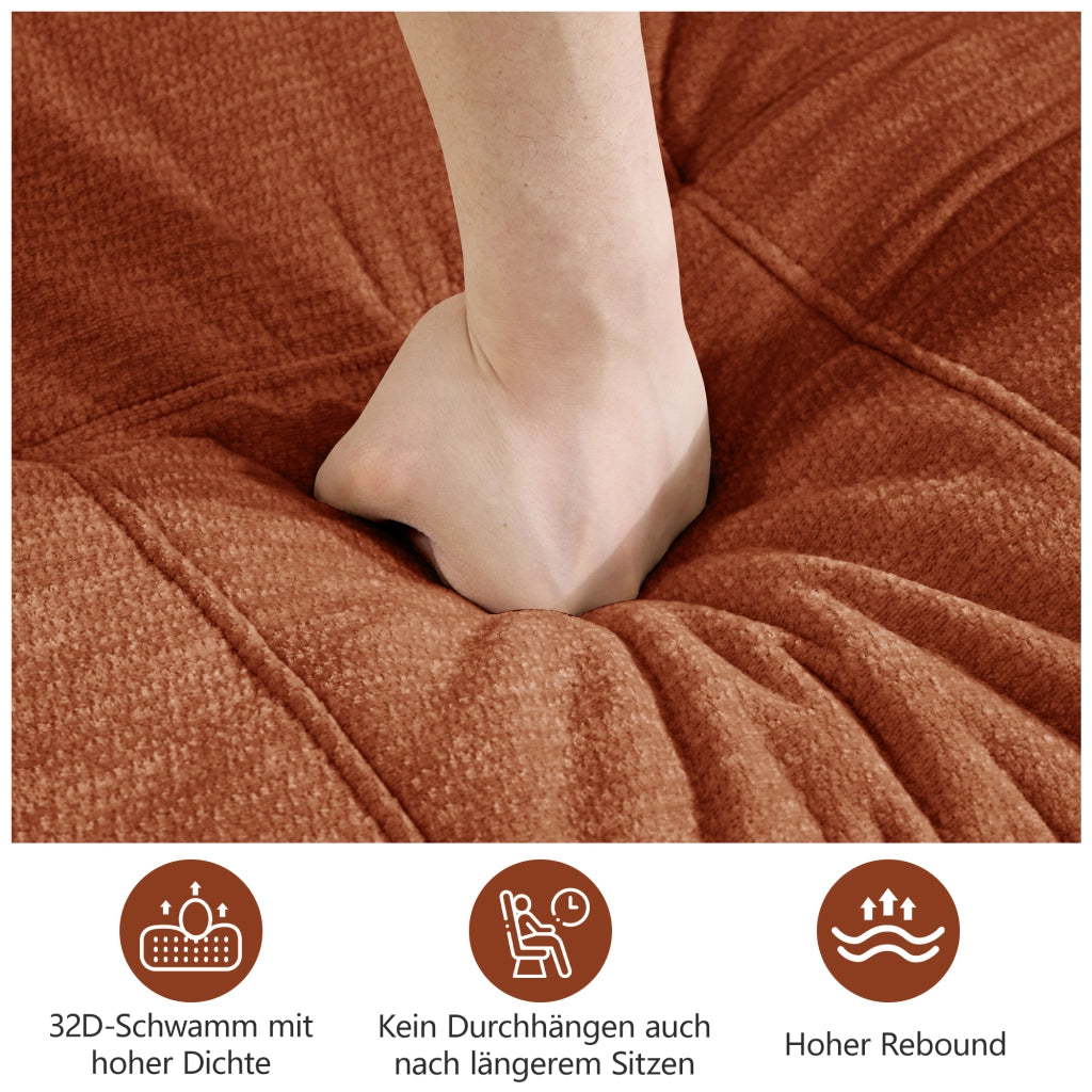 Divano modulare senza struttura con comfort ergonomico e seduta profonda in chenille arancione per soggiorno