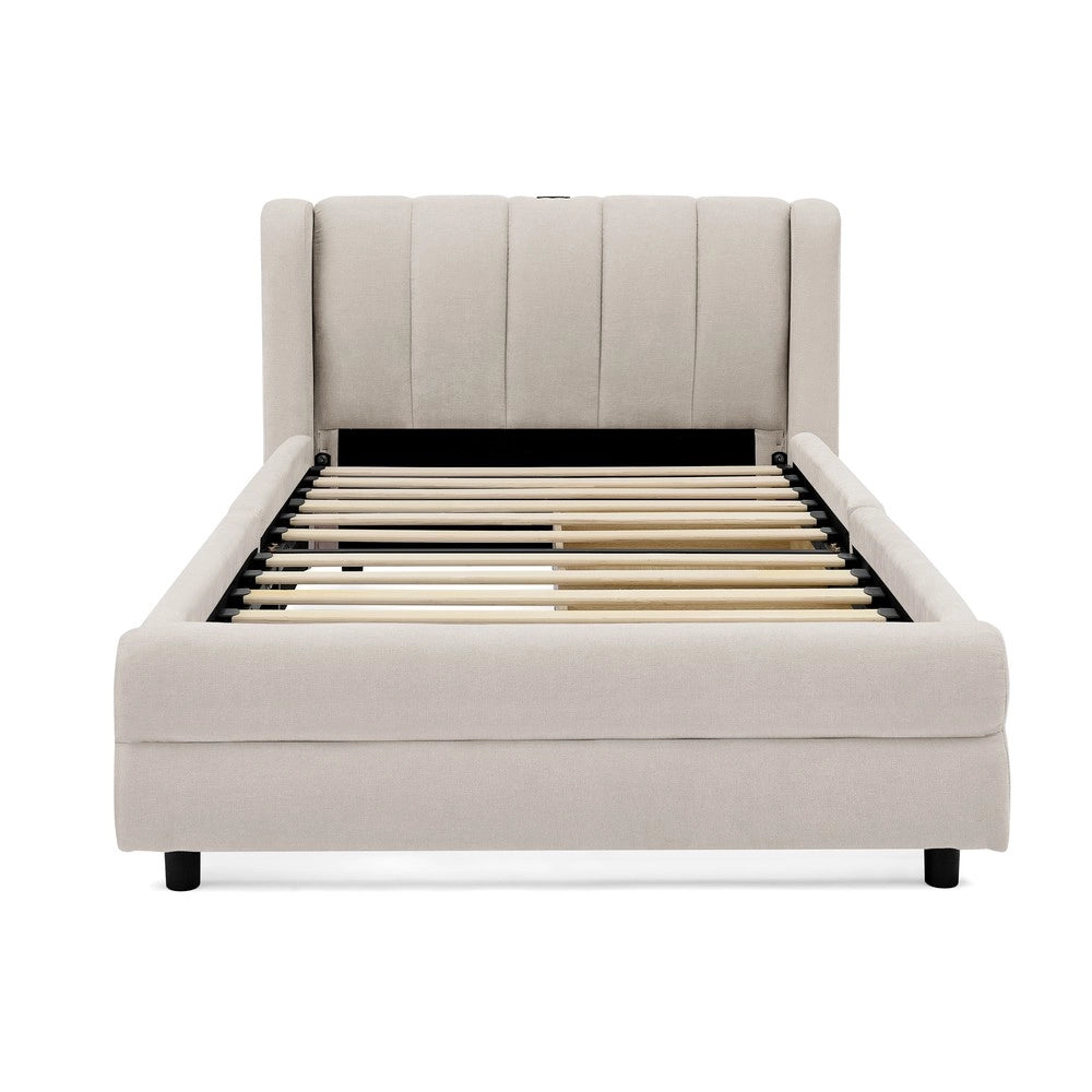 Letto Singolo con Contenitore USB ¨C MINIMAL ¨C Tessuto Chenille Beige 90x200