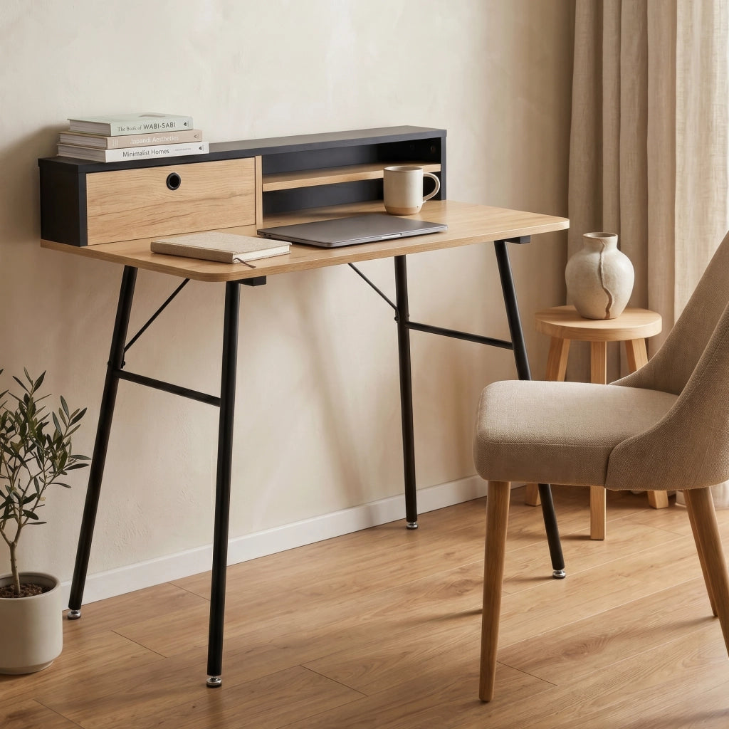 Scrivania Var con 2 Scomparti e Cassetto 93 x 90 x 50 cm - Nero / Effetto Rovere [en.casa]