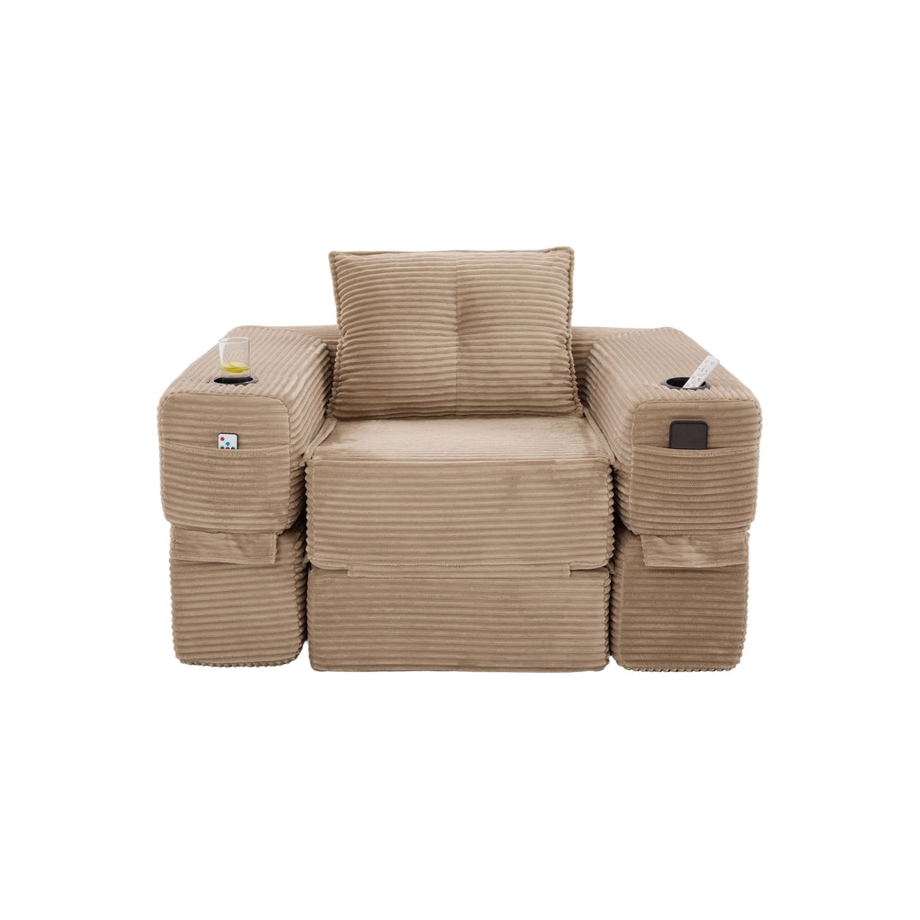 Divano letto - con tasche laterali e portabicchieri - in velluto a coste khaki