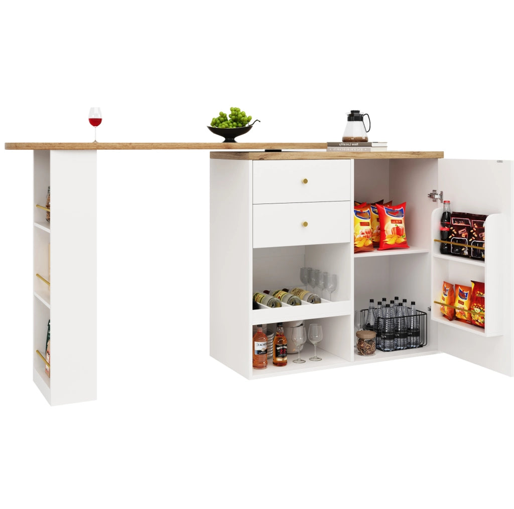 Mobile girevole in MDF bianco con ripiani laterali rotanti e cassetti