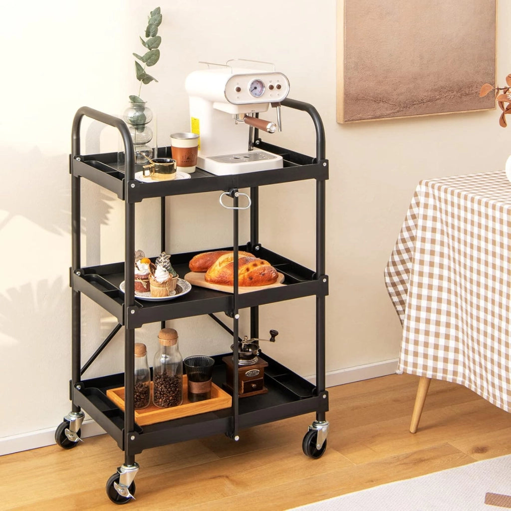 Carrello Pighevole a 3 Livelli, Carrello Multiuso con 4 Ruote, Organizzatore di Stoccaggio per Ufficio Cucina Studio, 61x44x96 cm, Nero