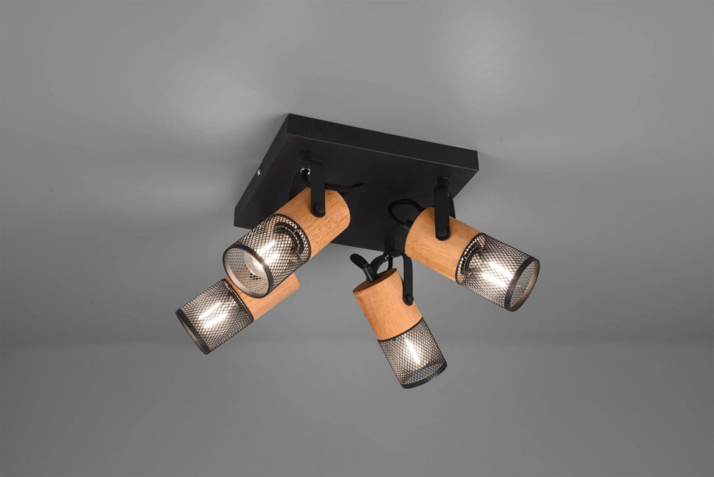 TOSH PLAFONIERA 4 SPOTS CILINDRI GABBIA METALLO NERO OPACO E LEGNO L.22CM X 19,5CM 4 LUCI ATTACCO E14