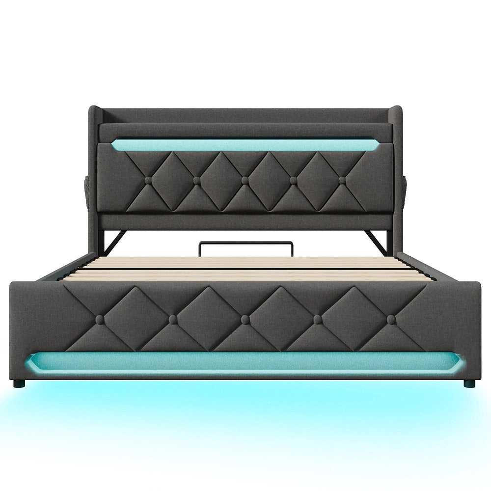 Letto matrimoniale-Xylo-160x200 cm-LED 360°, USB-C, idraulico, lino, grigio