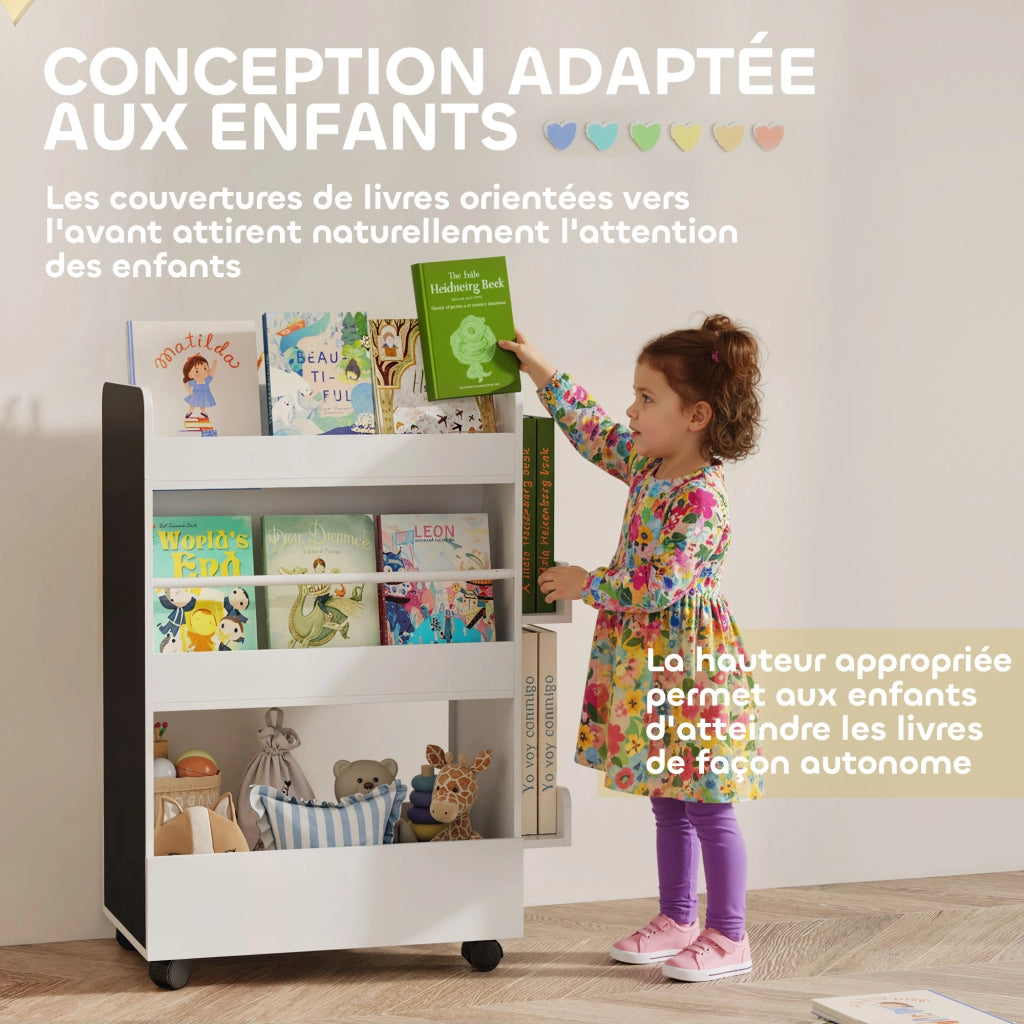 Libreria per bambini con rotelle e lavagna ¨C zephmum ¨C bianco 66,5x32,5x86,5cm