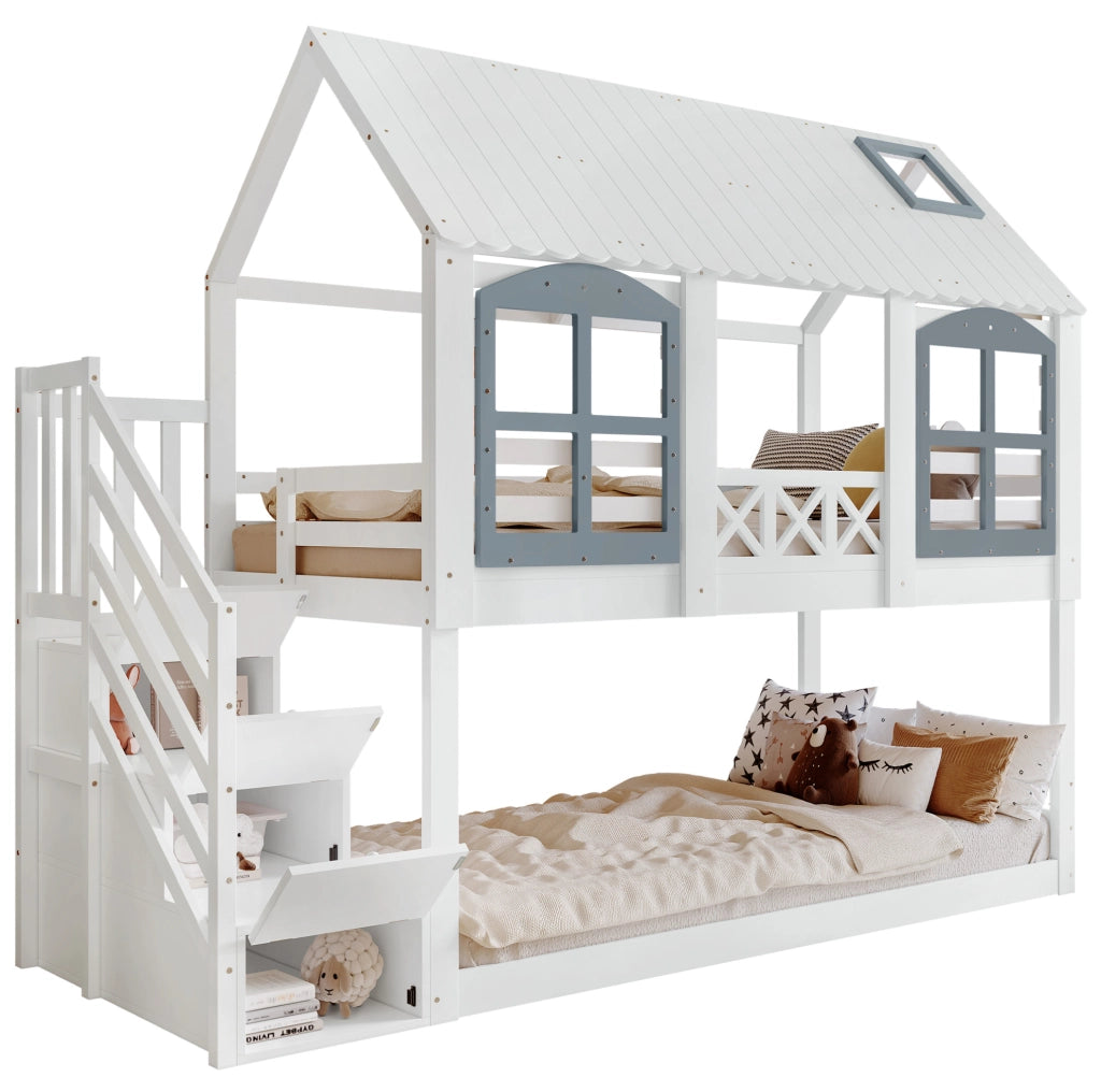 Letto a castello per bambini con scala contenitore 90x200 cm
