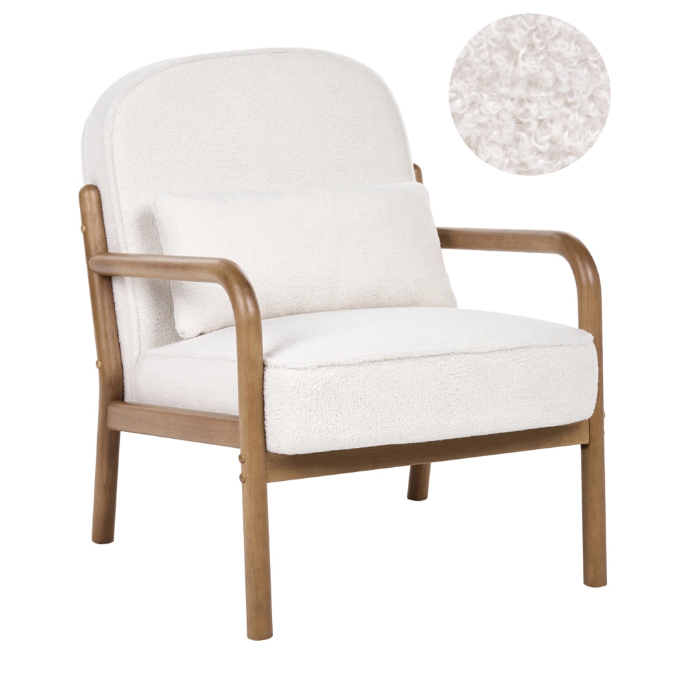 Poltrona Bianco Sporco in Bouclé con Struttura in Legno Stile Moderno Mid-Century
