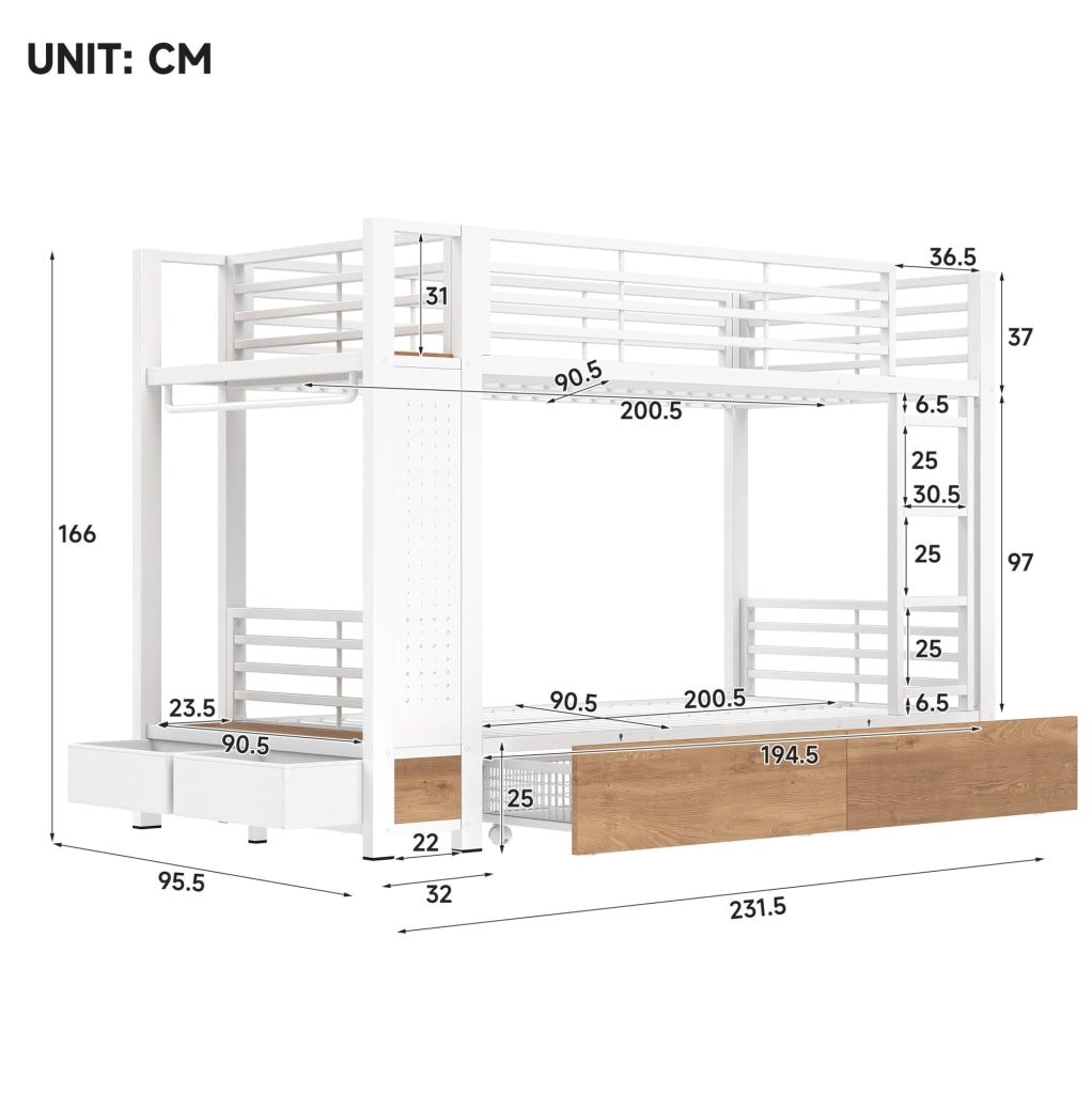 Letto a castello 90x200 cm in MDF e metallo bianco con LED; 2 cassetti e vano appendiabiti