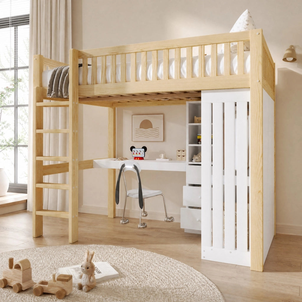 LETTO a soppalco con scrivania e armadio 140x200 cm Naturale