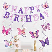 Decorazione per compleanni, slitta per compleanni, decorazione per compleanni, bandiera per compleanni, farfalle, viti a spirale appese, striscia decorativa per adulti, bambini, ragazze, donne, decorazione