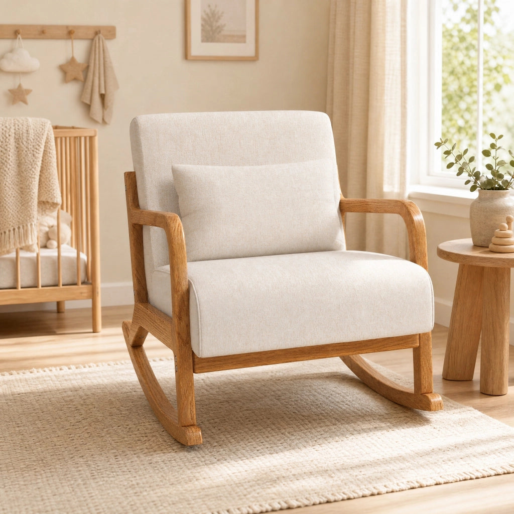 Poltrona a dondolo 64.5x92x81.5 cm con supporto lombare rimovibile in legno bianco crema