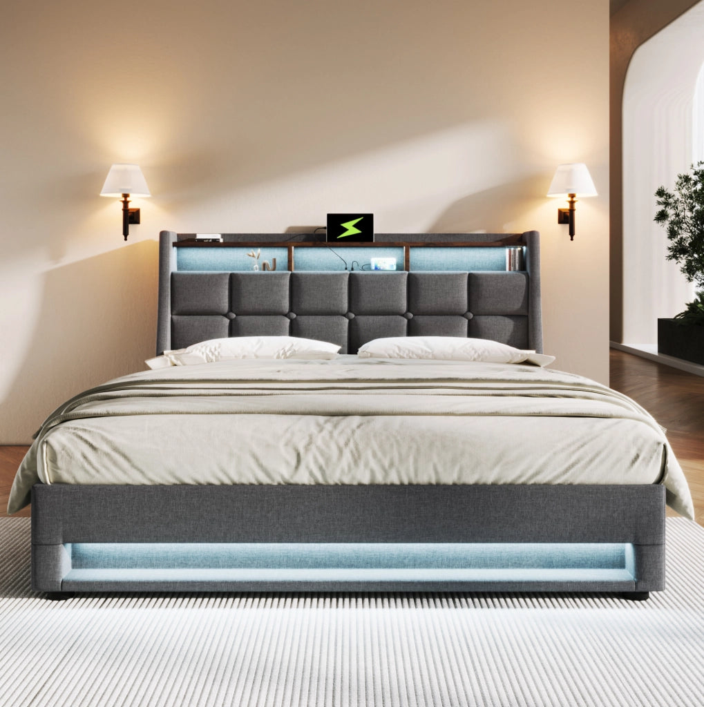 Letto contenitore 140x200 cm con LED e USB in lino grigio