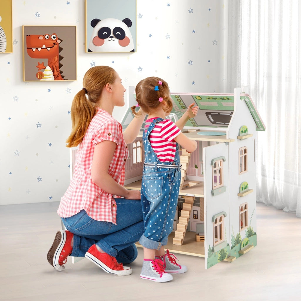 Casa delle bambole in legno per bambini con tetti doppio lato e porte apribili-Giocattolo a 3 livelli per 3+ anni Rosa