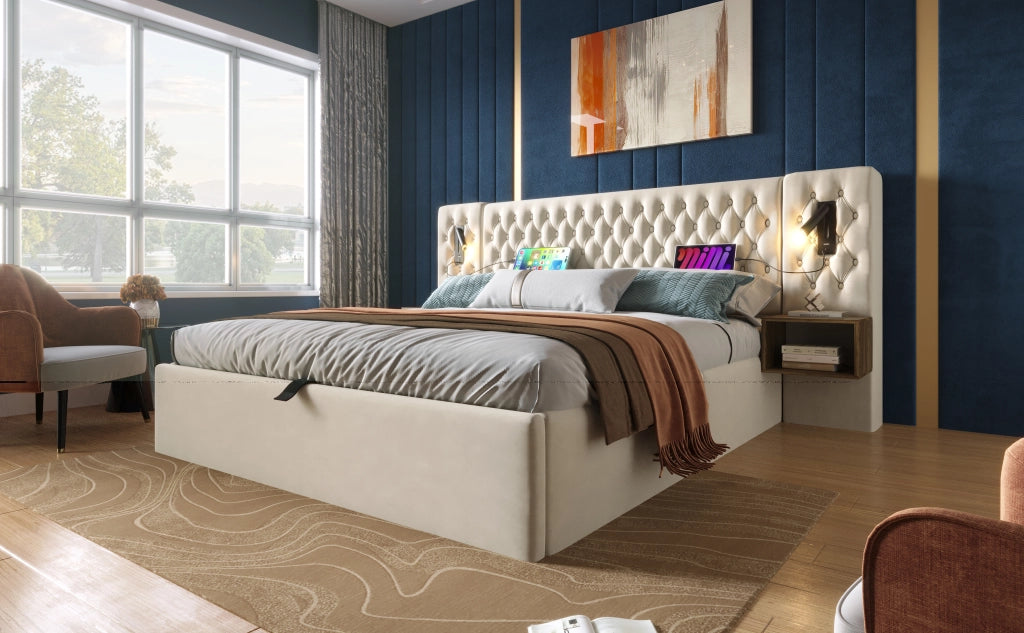 Letto contenitore matrimoniale 180 × 200 cm con 2 comodini, usb, usb-c e lampade da lettura, senza materasso