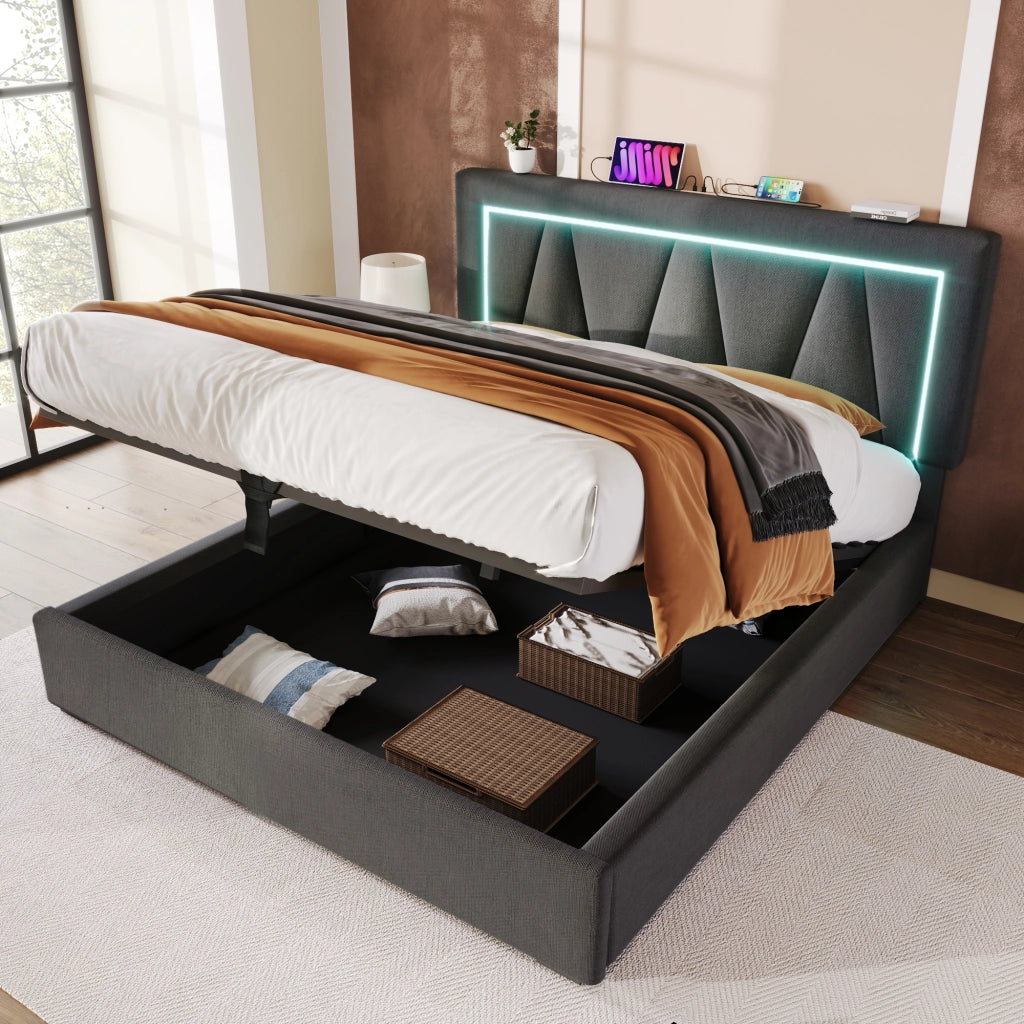 LETTO imbottito 140x200 cm in lino grigio con LED e USB Type-C
