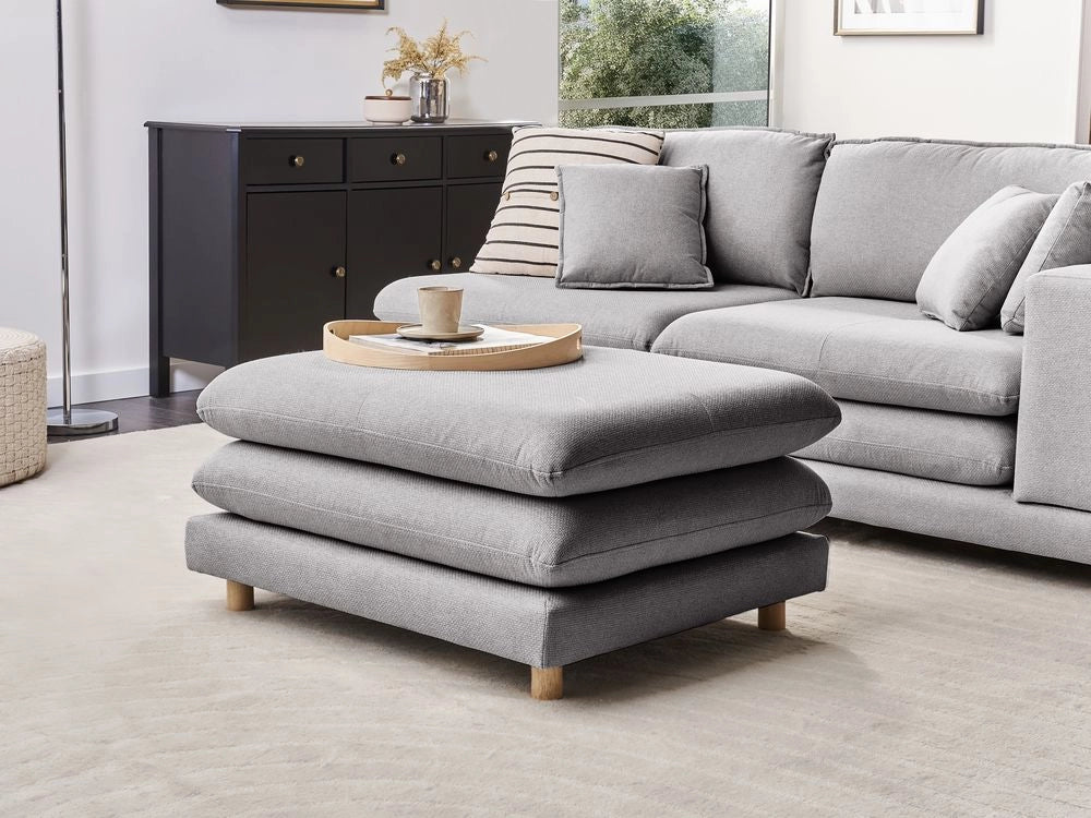 Pouf imbottito in tessuto di poliestere con cuscino grigio stile moderno