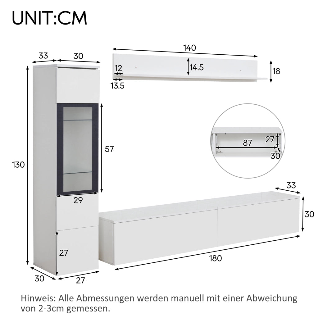 Set TV 3 pezzi con illuminazione LED - Zephmum - Bianco lucido