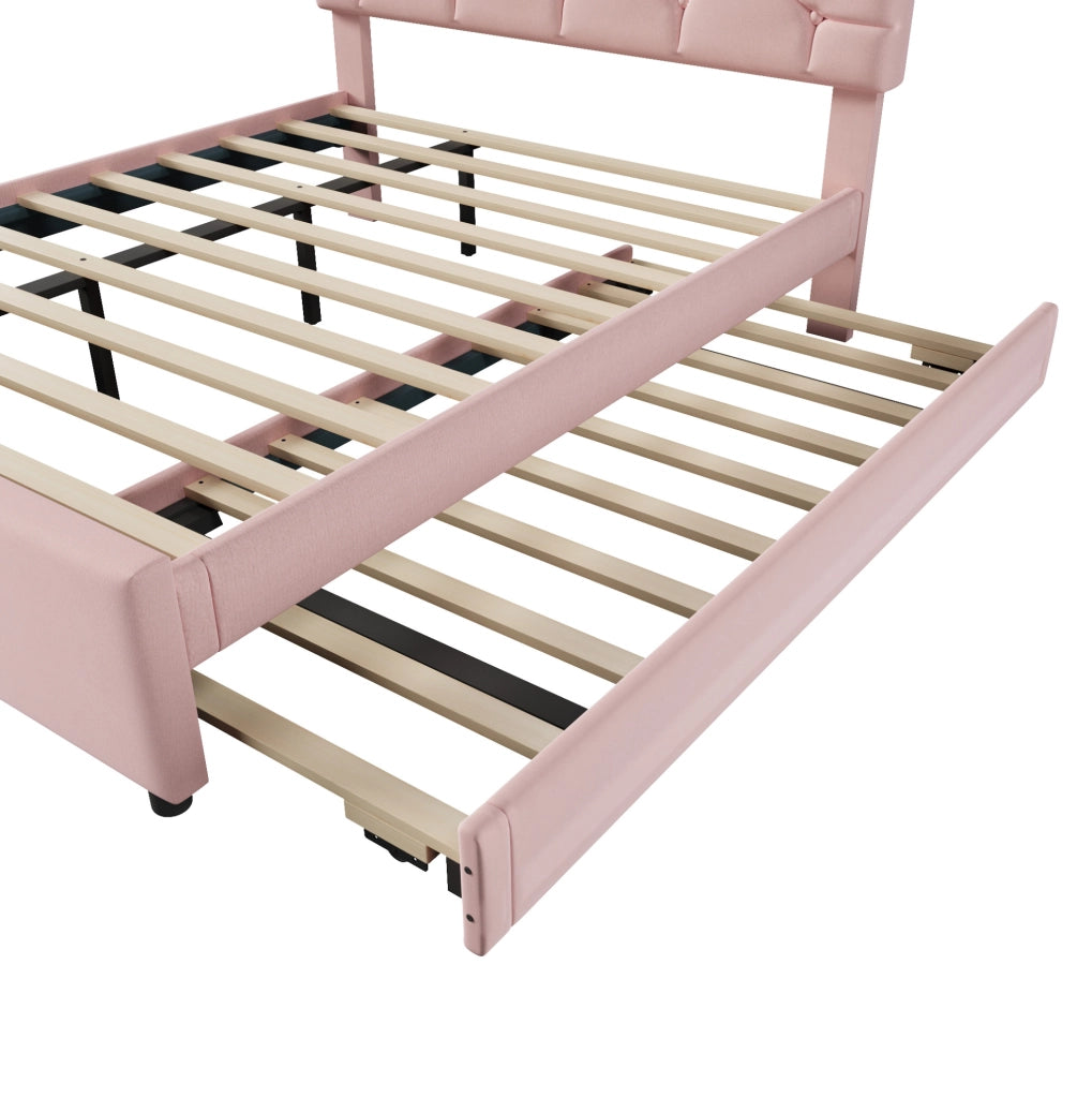 Letto imbottito 140x200 cm con letto estraibile e testiera con bottoni in velluto rosa