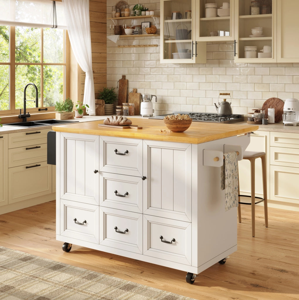 Isola da cucina mobile pieghevole bianca con ruote 120 cm