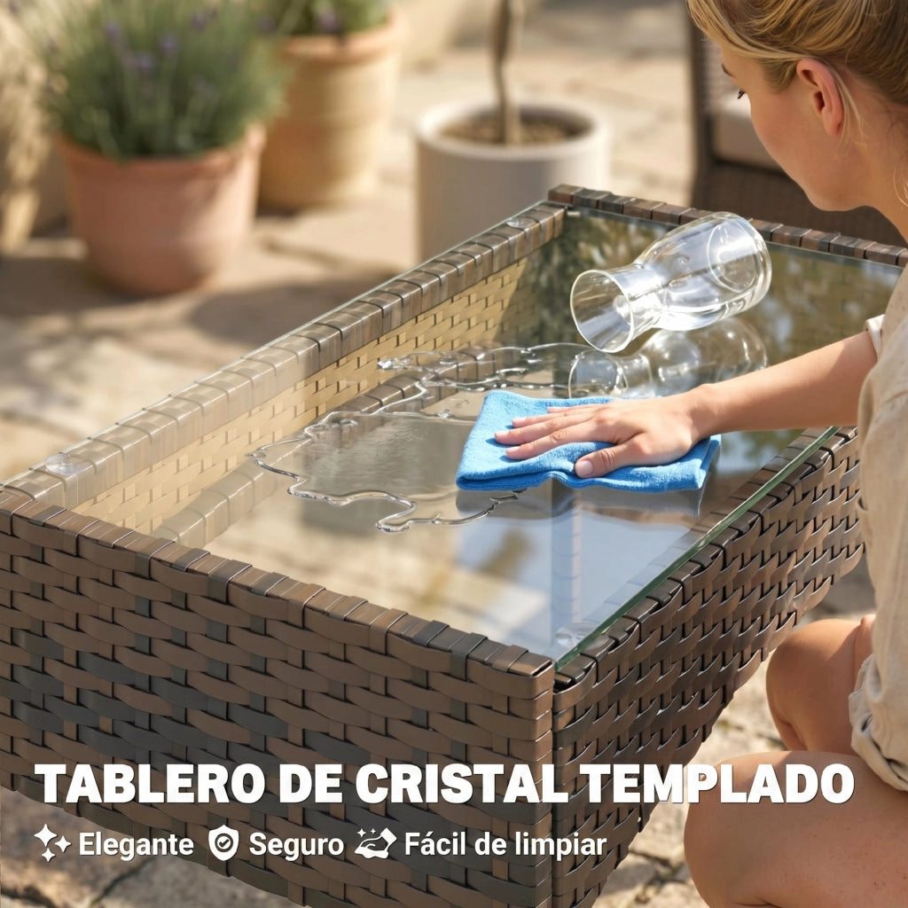 Set giardino in polyrattan con divano, poltrone e tavolo in vetro ¨C zephmum ¨C marrone e grigio
