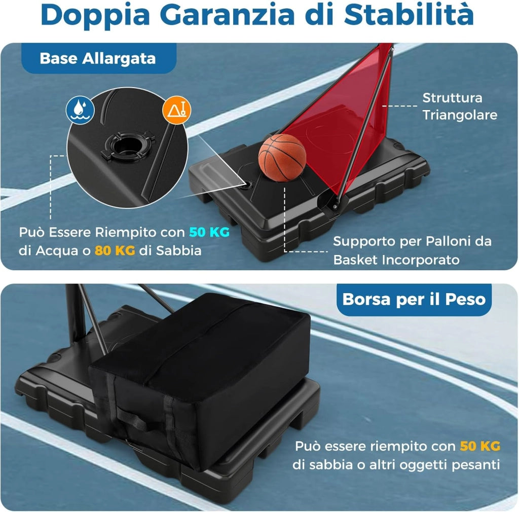 Canestro da Basket da Esterno per Adulti Professionale, Canestro da Basket Portatile e Regolabile 149-305 cm con Tabella Indistruttibile, 2 Ruote, Base Riempibile e Sacchetto di Pesi