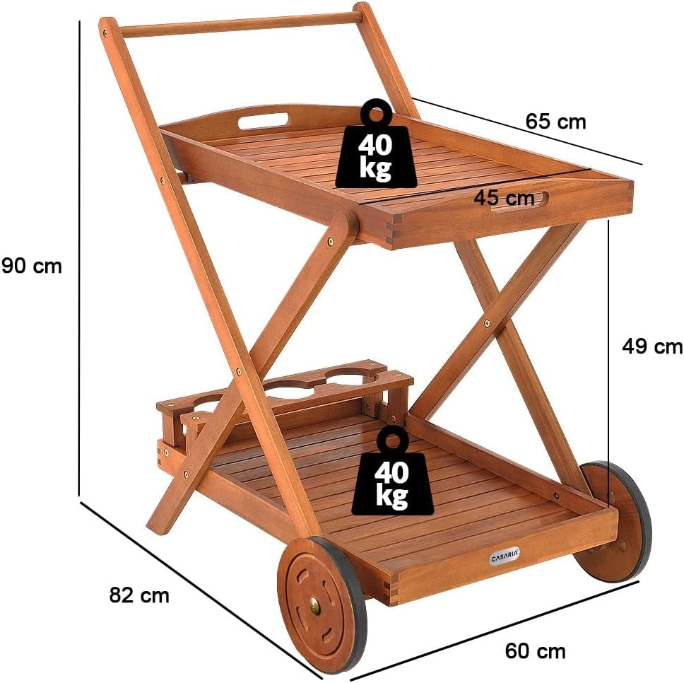 ® Carrello da Cucina Portavivande in Legno di Acacia Certificata FSC® 2 Ripiani Vassoio 3 Portabottiglie Giardino