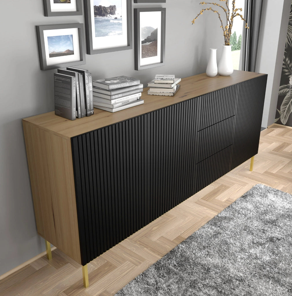 MOBILE RAVENNA B MOBILE IN MDF RIVESTITO IN LEGNO 3D3S 200 GAMBE IN ROVERE ARTIGIANALE NERO OPACO ORO