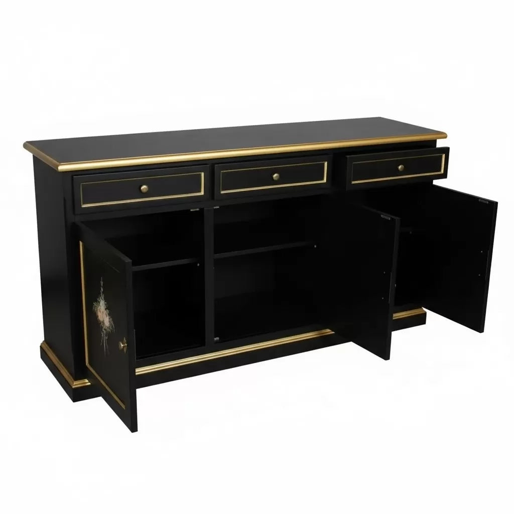 Madia credenza 3 ante legno shabby nero decorata filo oro 156x42x86 - Mobili 2G