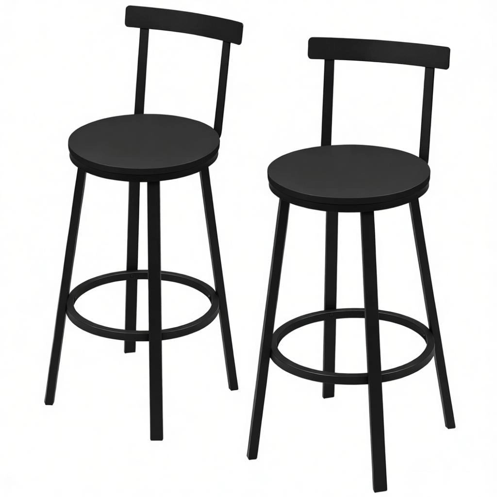 Sgabello da bar con schienale curvo e poggiapiedi, set di 2, altezza seduta 65 cm, in MDF e metallo, nero