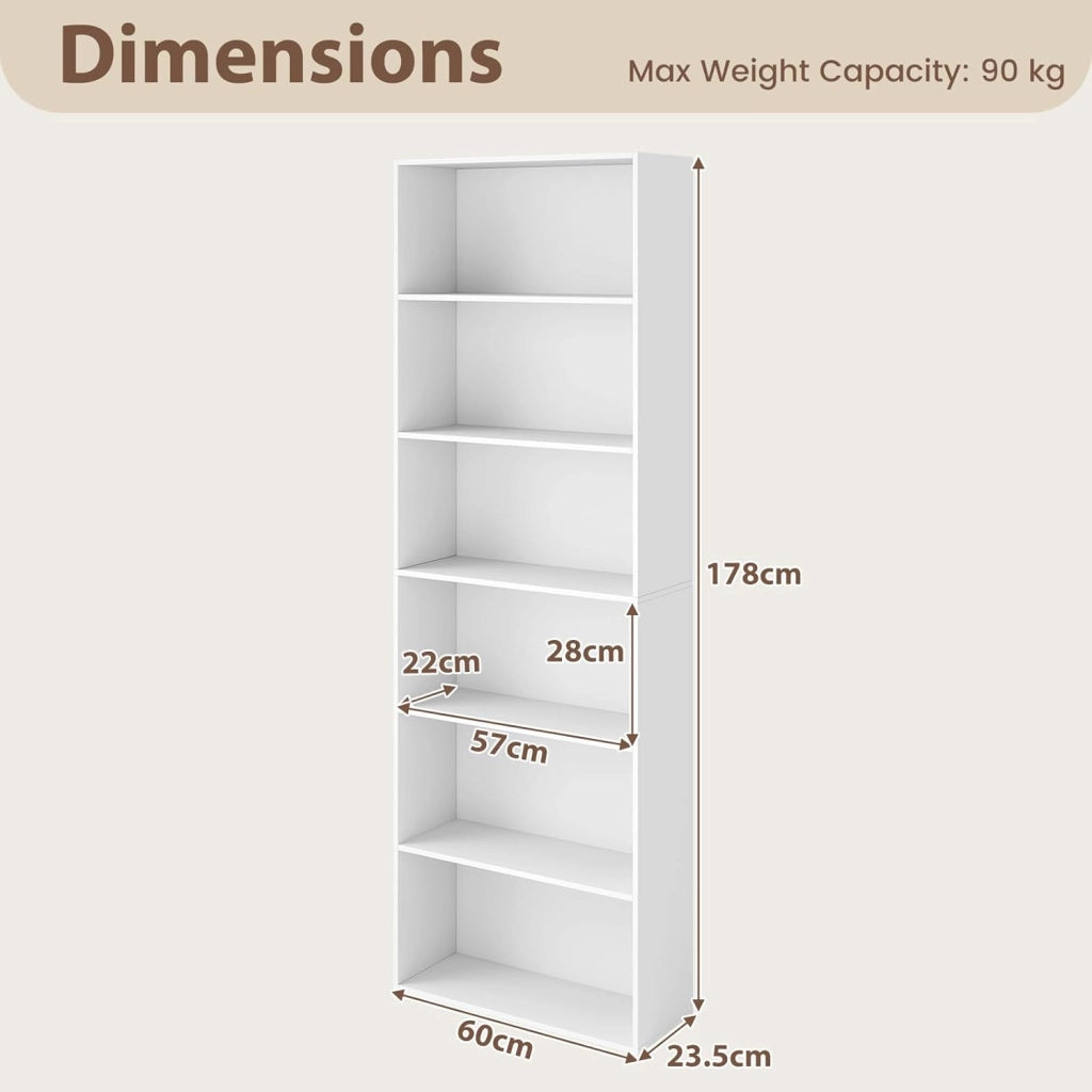 Libreria a 6 Livelli, Mobile Contenitore Aperto con 2 Kit Anti-Ribaltamento, Piedini Antiscivolo, Scaffale Moderno per Soggiorno, Camera da Letto e Ufficio, 660 x 23,5 x 178 cm (Bianco)