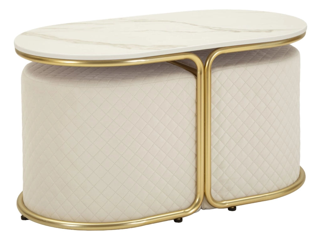 Tavolo da Caffè con 2 Puff Relax 79x45x44 cm in Pino e MDF e Spugna e Poliestere e Metallo