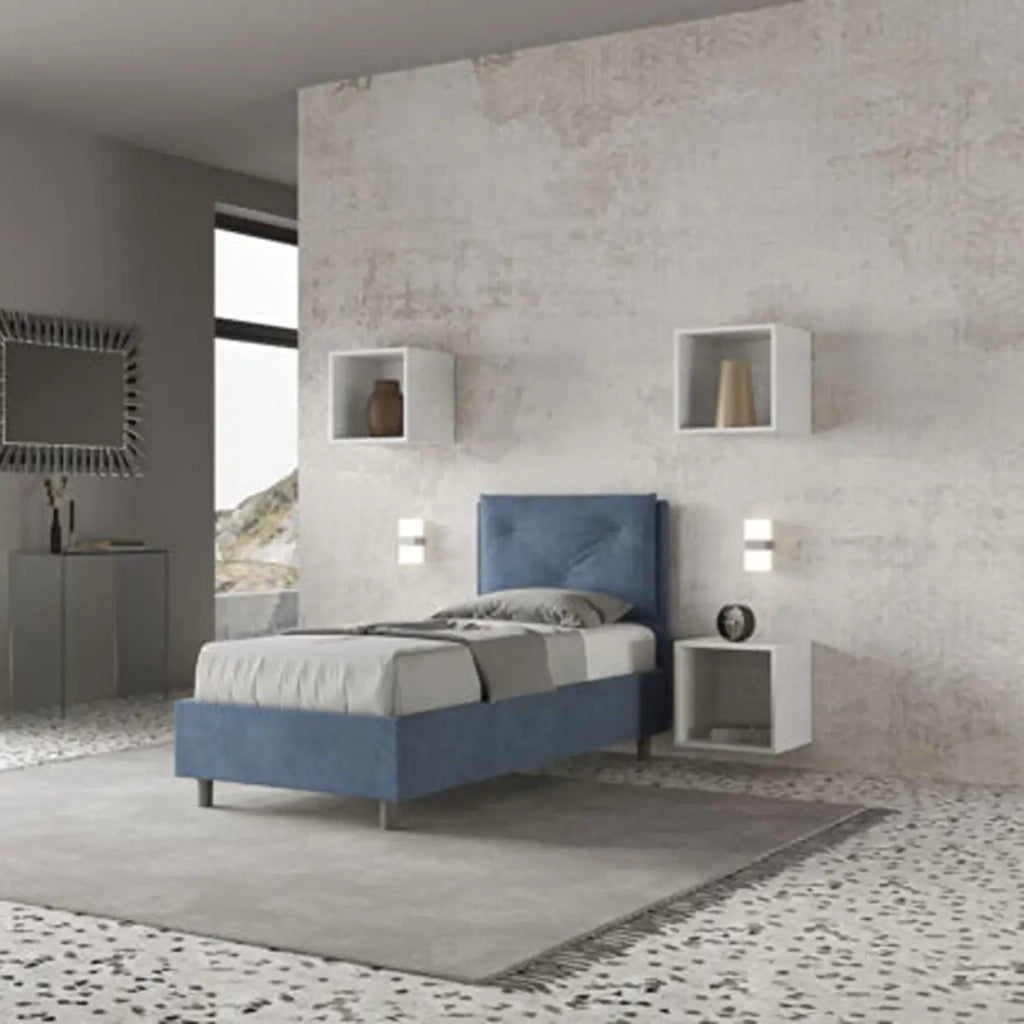 Letto singolo contenitore imbottito 80x190 microfibra blu Appia