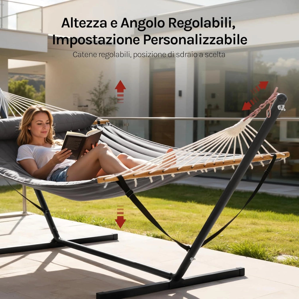 Amaca da Giardino con Supporto, Tasca Laterale e Cuscino, Capacità di Carico 250 kg, Ampia Amaca Doppia per Terrazza, Balcone, Campeggio, Grigio Scuro