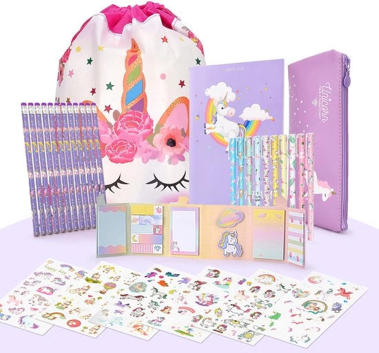Set di regali per bambini con 12 matite unicorni e 1 custodia, libro di note cartoon con nota, adesivi estetici e cartoncini divertenti