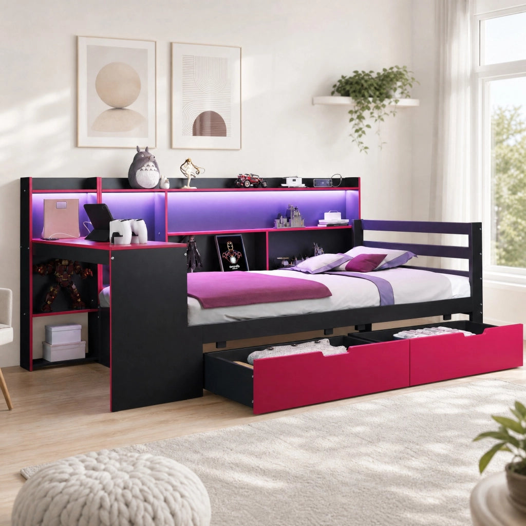 Letto combinato 90 × 200 cm 2 posti con scrivania, ripiani, LED e USB, senza materasso, legno, nero rosso