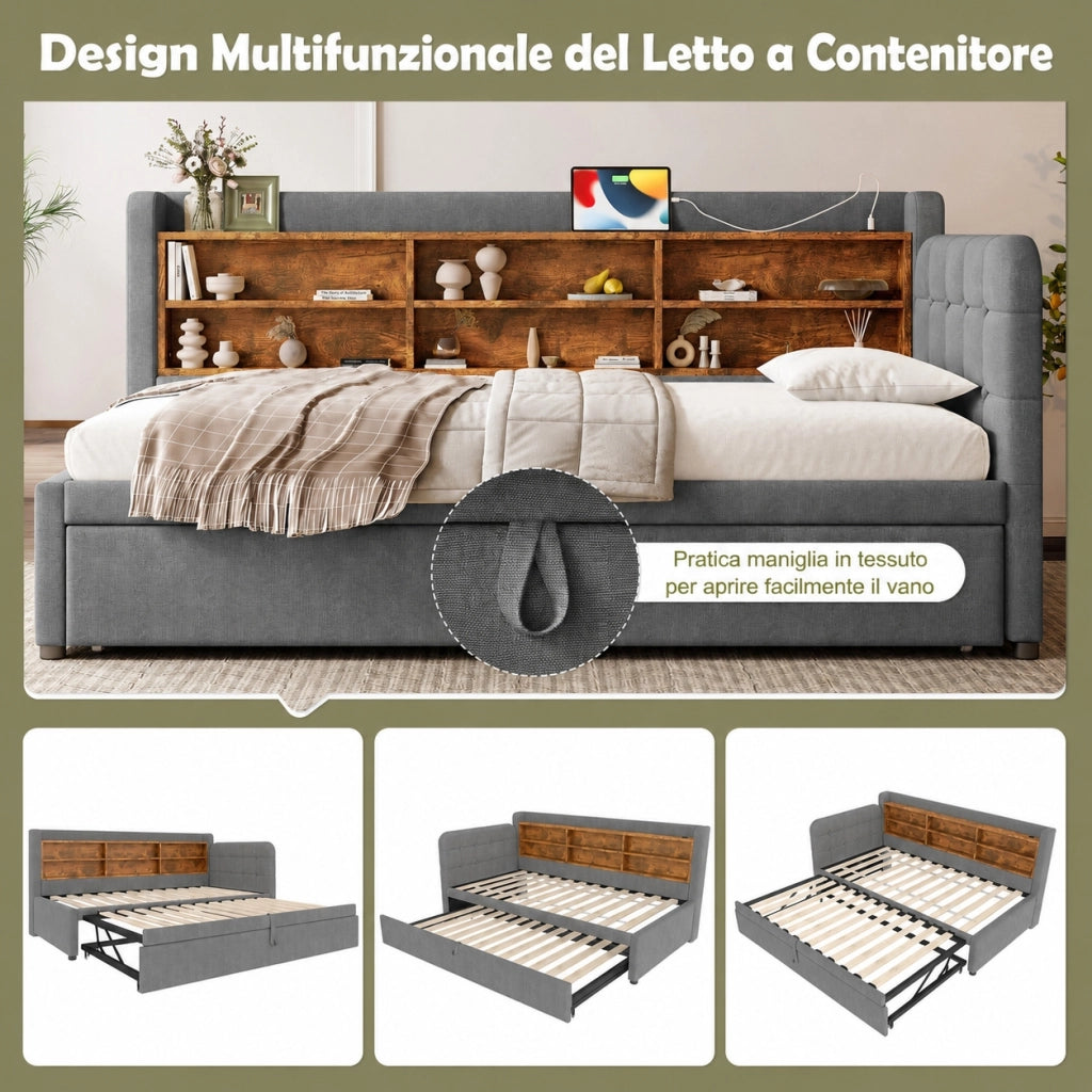 Letto singolo 90x200 con cassetti e vani portaoggetti; prese USB e USB C; lino beige