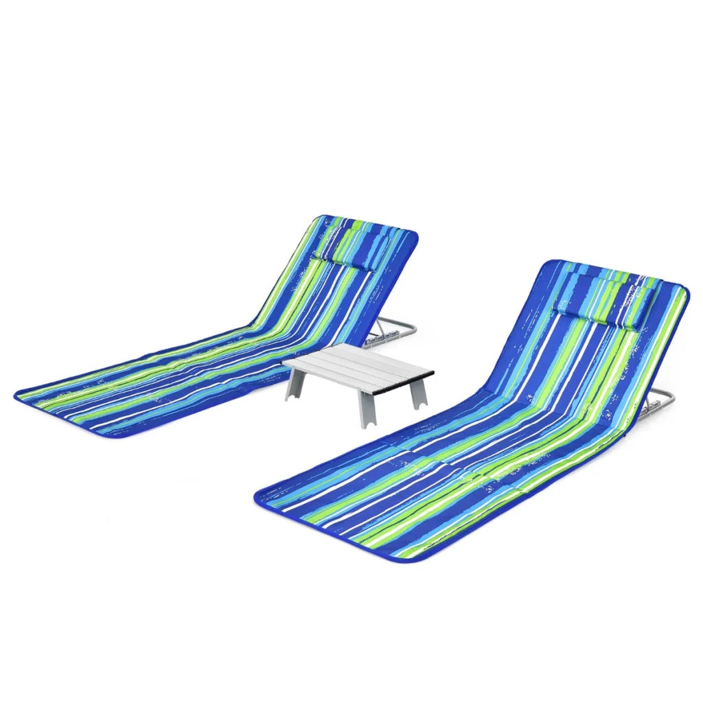 Set di 2 lettini prendisole reclinabili 161 x 51,5 x 27-47 cm con tavolino laterale portatile stile outdoor tessuto oxford blu 20_0020661
