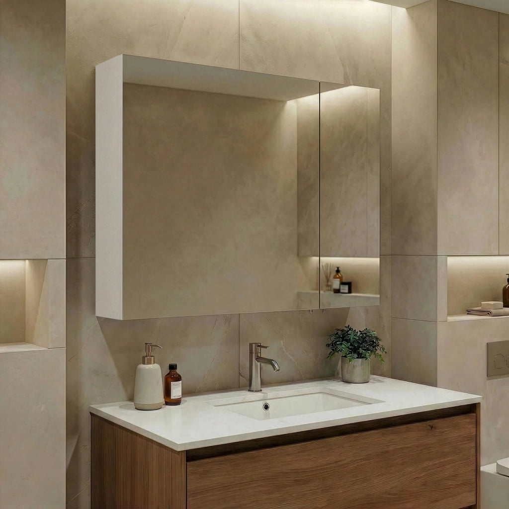 Mobile da bagno con specchio "Bari 80" - 75 x 16 x 66 cm - Bianco opaco