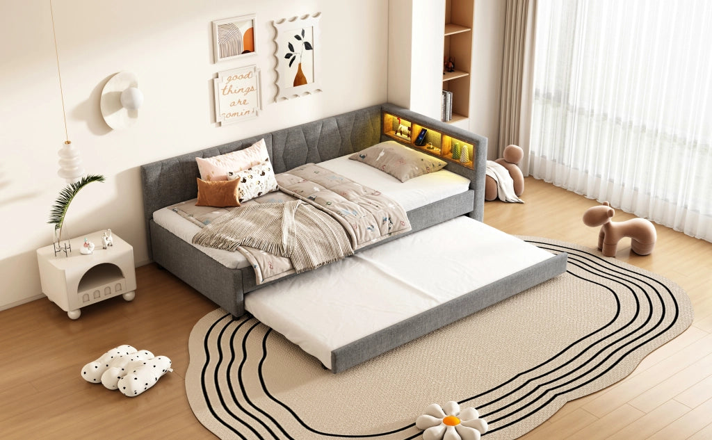 DESMIU Divano letto 90 × 200 cm 1 posto con vani portaoggetti, USB, Type-C e striscia LED, senza materasso, grigio