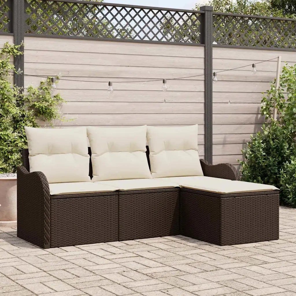 Set Divano da Giardino con cuscino 4 pz | Set Salotto da Giardino Marrone Poly Rattan