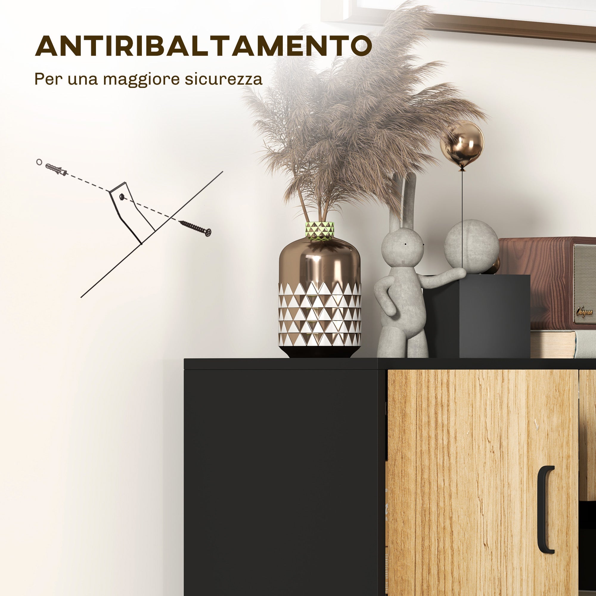 Credenza Mobile Basso Multiuso con 3 Armadietti e 2 Cassetti 80x35x88 cm Nero e color Legno