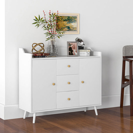 Credenza Moderna Mobile Basso 90x32x80 cm con 3 Cassetti e 2 Armadietti in Truciolato e Legno Bianco