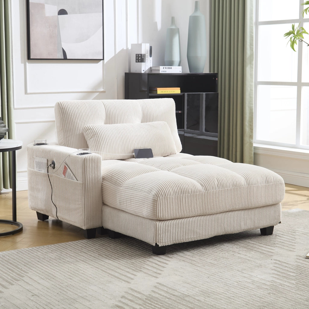 Poltrona Lounge con USB e Portabicchieri; Poggiatesta Regolabile; Tasca Laterale; in Velluto a Coste Beige