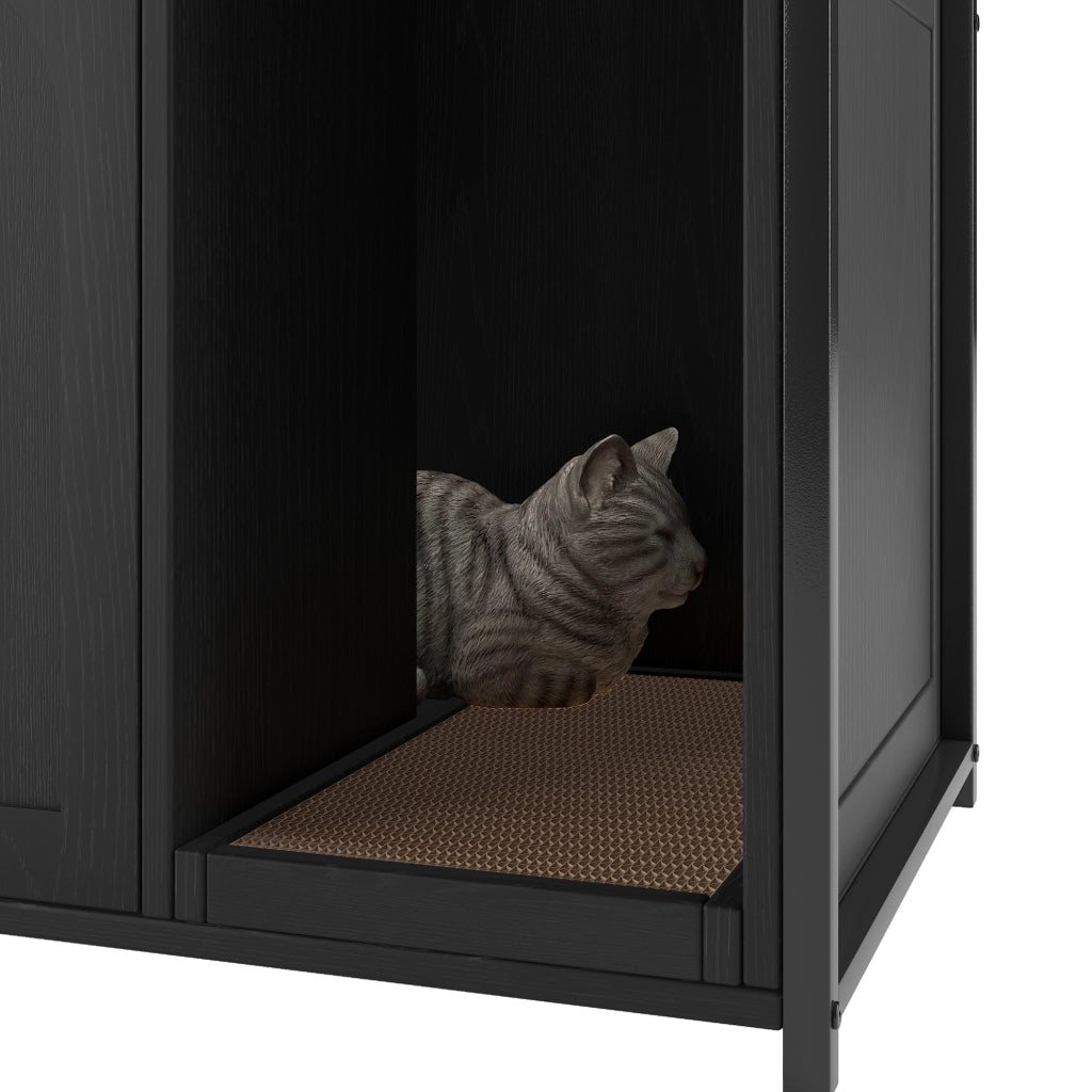 Mobile per lettiera gatto con ripiani, 2 ante e struttura in metallo e legno, nero