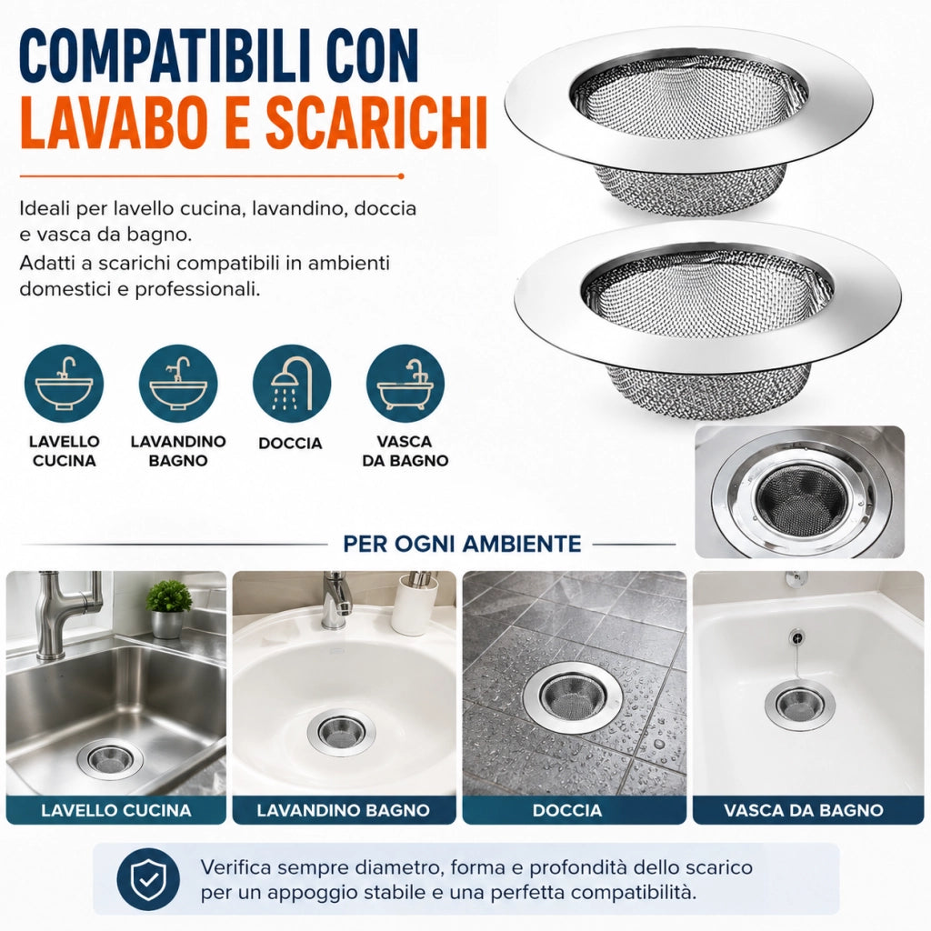 2 Filtri Scarico Lavello Acciaio Inox Ø9 cm Anti-Intasamento 79532