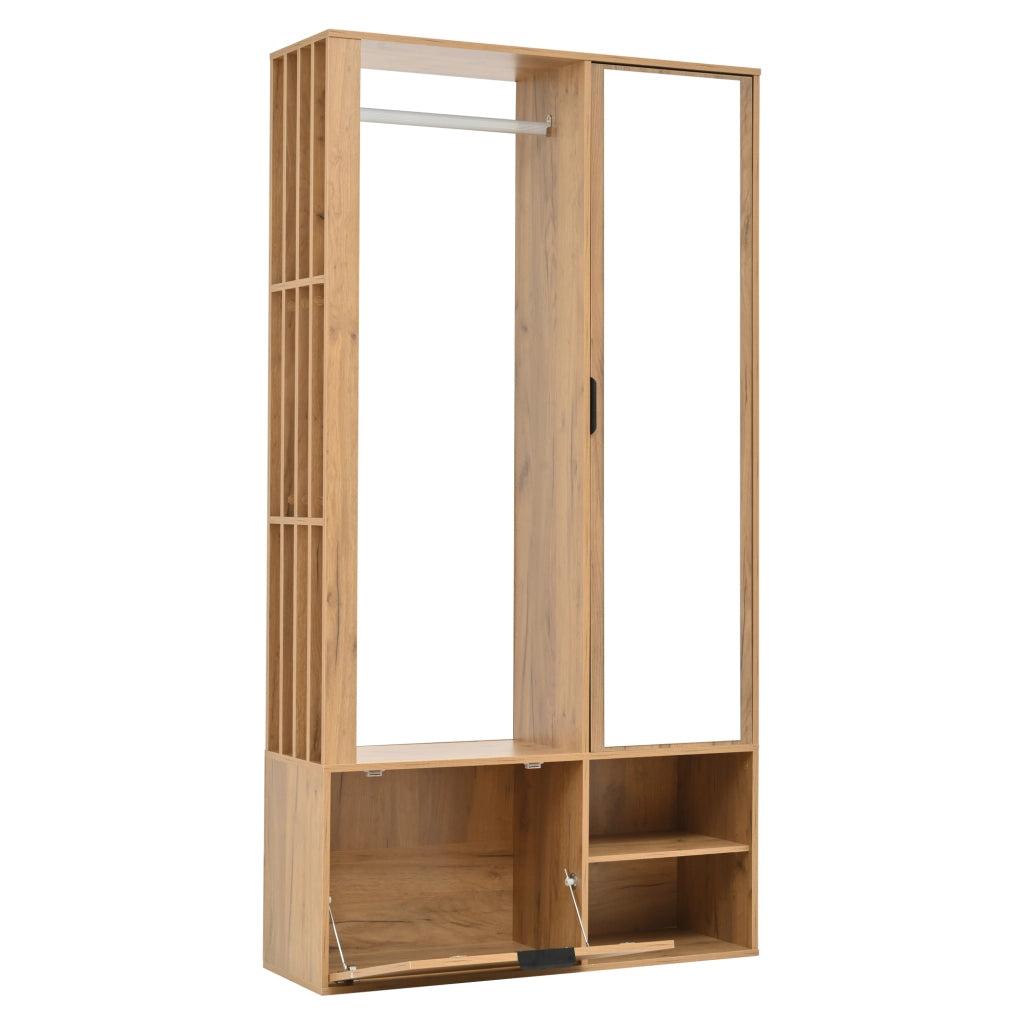 Mobile d'Ingresso con 2 Armadi e Specchio; 9 Vani Contenitore; Anta a Ribalta; Stile Minimalista; in Truciolare; Naturale; 100??33??190 cm