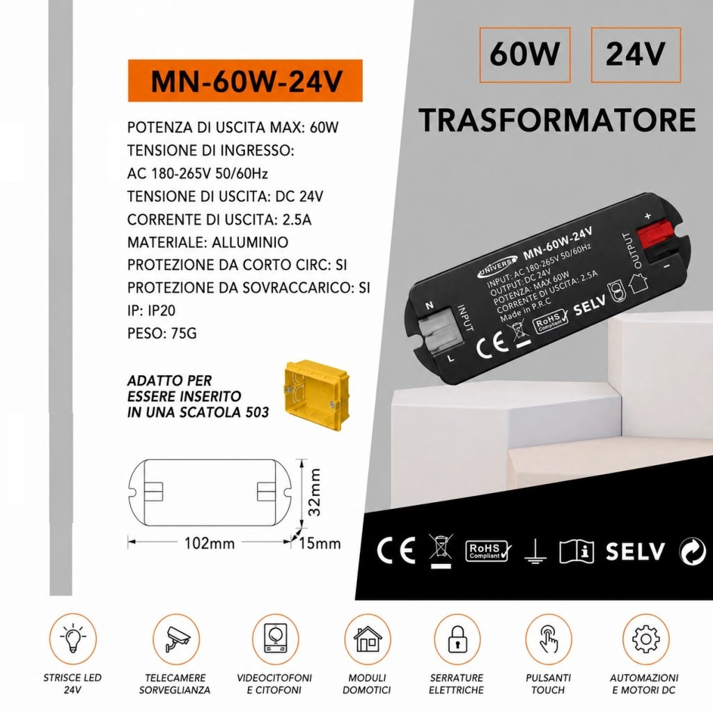 Trasformatore Alimentatore Slim 24V 60W per Scatola 503 Strisce LED Domotica Telecamere Automazioni DC
