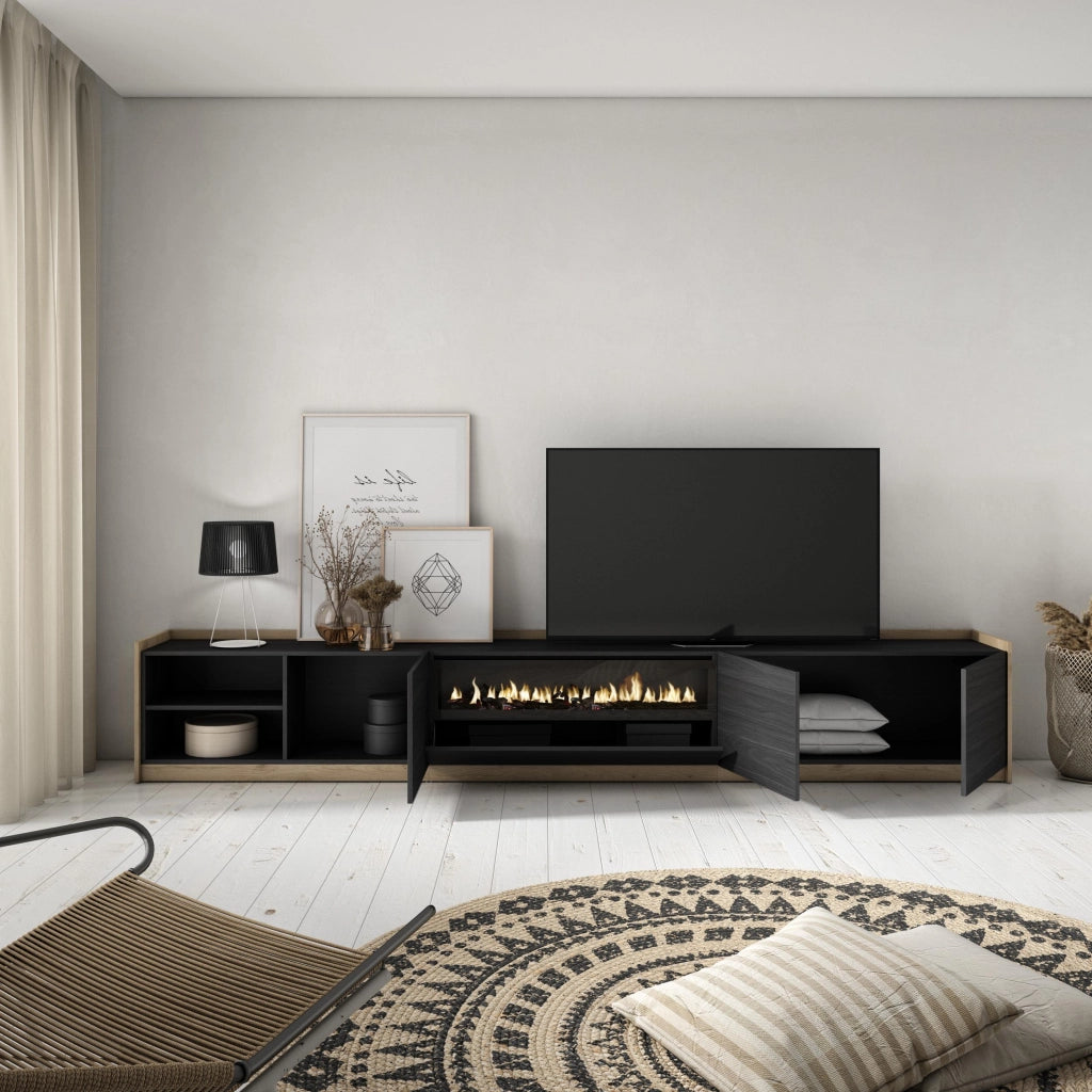 Mobile TV Soggiorno, 310x50x37 cm, Per TV fino a 80", Camino elettrico, Nero e rovere