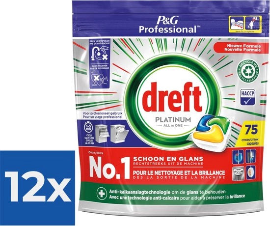 Detergente per lavastoviglie Platinum Lemon - 75 fogli - Confezione economica 12 pezzi